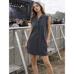 Hale Bob Sleeveless Dress Gray Eyelet Button Front Grunge Festival Cotton L